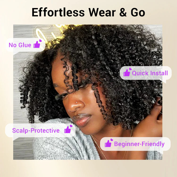 Glueless Kinky Curly V Part Wig Human Hair No Lace Wig Deep Wave Frontal Wig Water Wave Human Hair Wig Brazilian Hair For Women