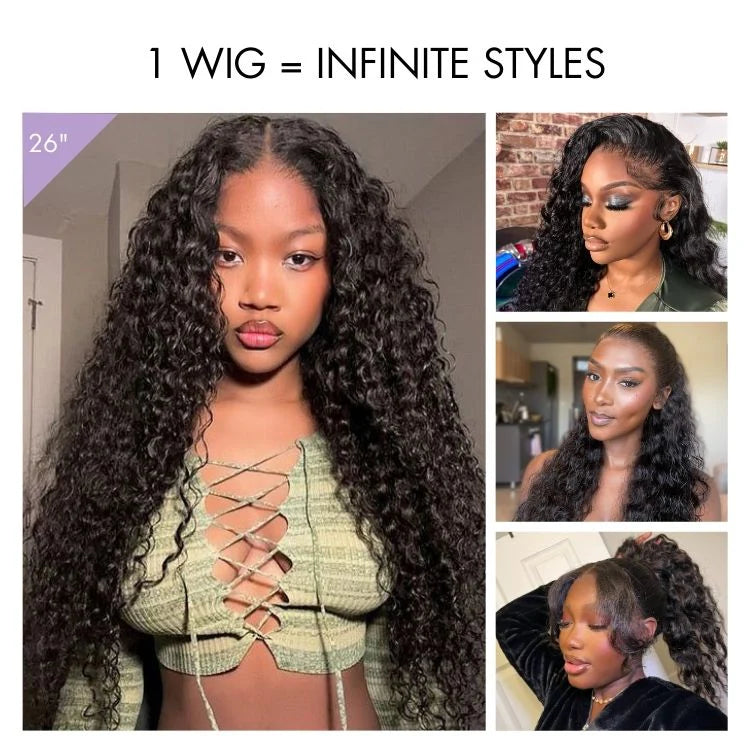 12A Water Wave Half Wigs Human Hair 200% Density Brazilian Wear Go Wigs Deep Wave 3 In 1 Half Wigs Drawstring Seamless Flip Wig